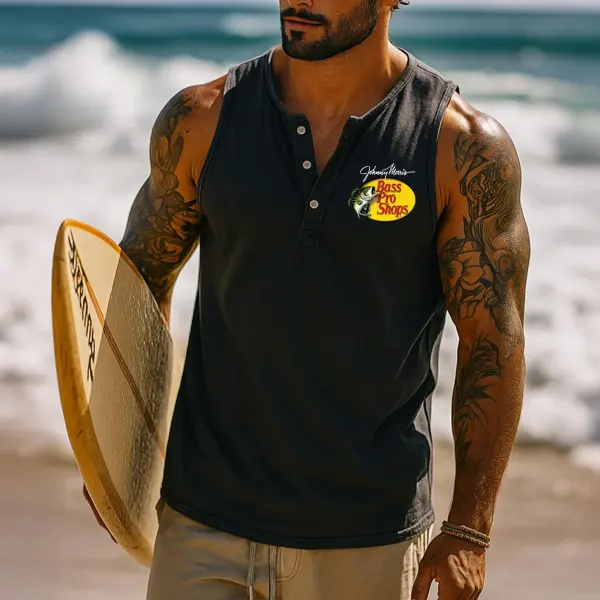 Men's Vintage Fish Print Henley Neck Surf Print Sleeveless Muscle Tank Top - Wayrates.com 