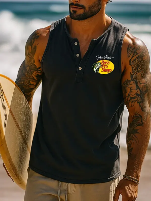 Men's Vintage Fish Print Henley Neck Surf Print Sleeveless Muscle Tank Top - Menbarn.com 