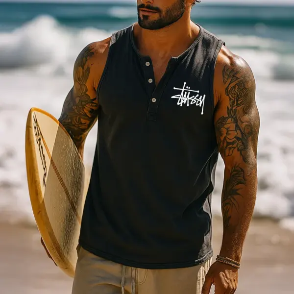 Men's Vintage Henley Neck Surf Print Sleeveless Muscle Tank Top - Wayrates.com 