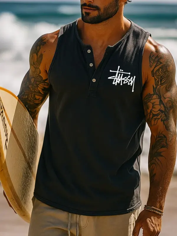 Men's Vintage Henley Neck Surf Print Sleeveless Muscle Tank Top - Menbarn.com 