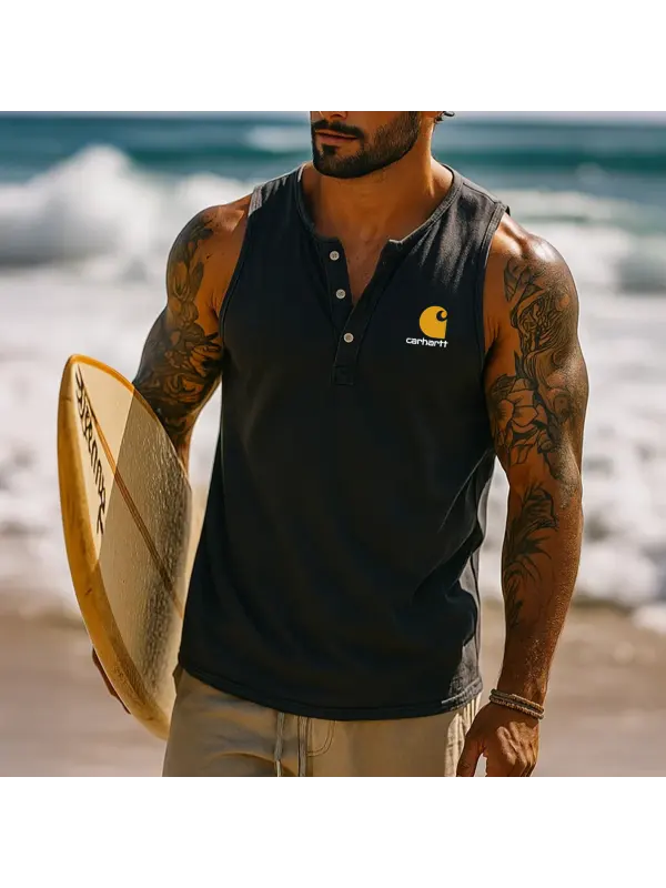 Men's Vintage Henley Neck Surf Print Sleeveless Tank Top - Aptkoi.com 