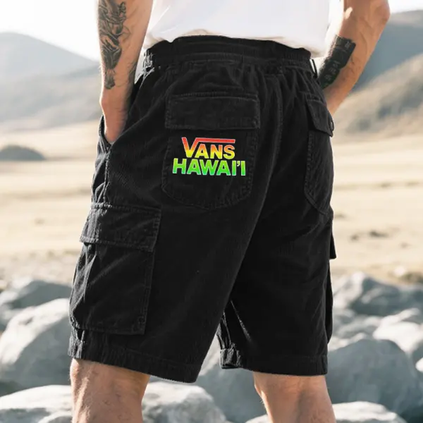 Men's Casual Off The Wall Hawaii Graphic Print Corduroy Cargo Shorts Black - Wayrates.com 