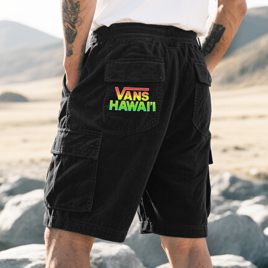 

Men's Casual Off The Wall Hawaii Graphic Print Corduroy Cargo Shorts Black