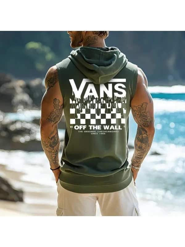 Men's Vintage Surf-Inspired Graphic Hooded Tank Top - Aptkoi.com 