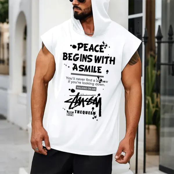 Peace Begins With A Smile - Inspirational Sleeveless Muscle Hoodie For Men - Wayrates.com 