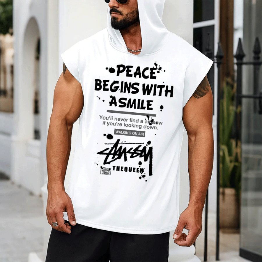 

Peace Begins With A Smile - Inspirational Sleeveless Muscle Hoodie For Men