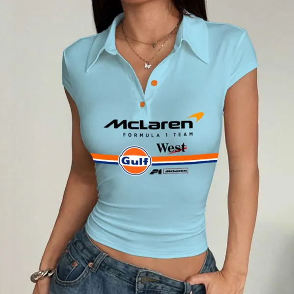 Women's Racing Logo Print Summer Polo Neck Slim Fit Short Sleeve T-Shirt - Wayrates.com 