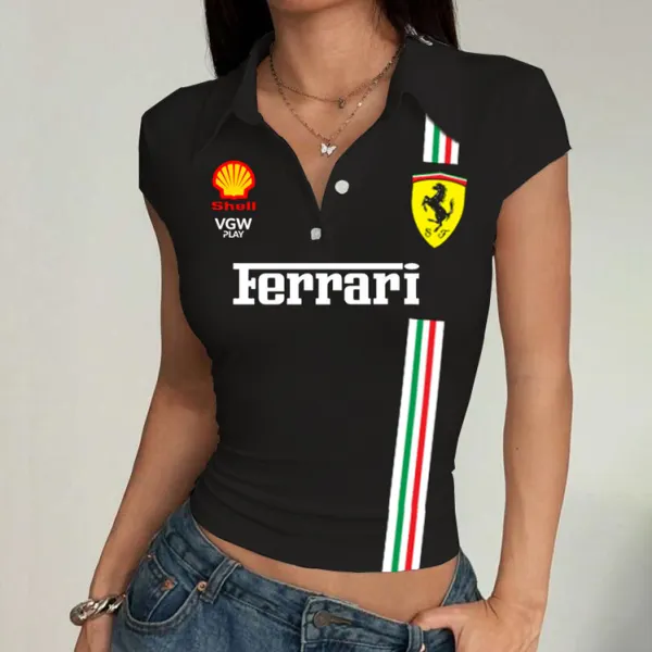 Women's Racing Logo Print Summer Polo Neck Slim Fit Short Sleeve T-Shirt - Wayrates.com 