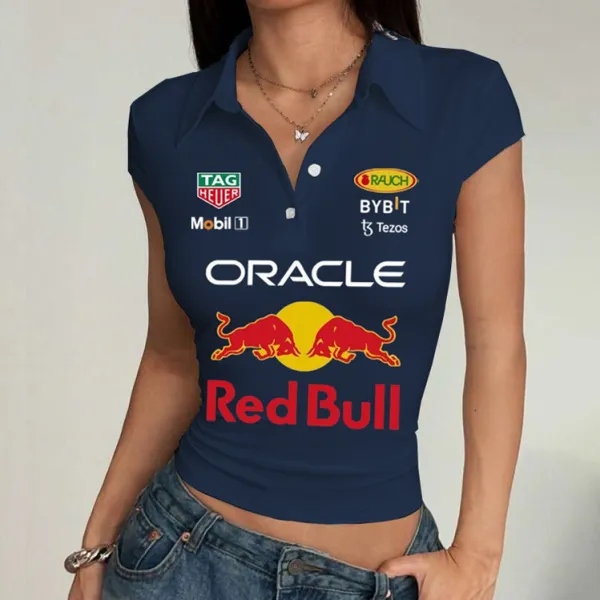 Women's Racing Logo Print Summer Polo Neck Slim Fit Short Sleeve T-Shirt - Wayrates.com 