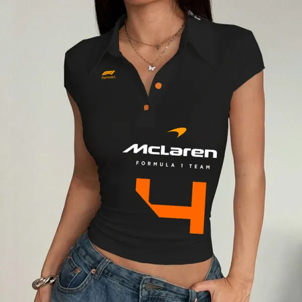 Women's Racing Logo Print Summer Polo Neck Slim Fit Short Sleeve T-Shirt - Wayrates.com 