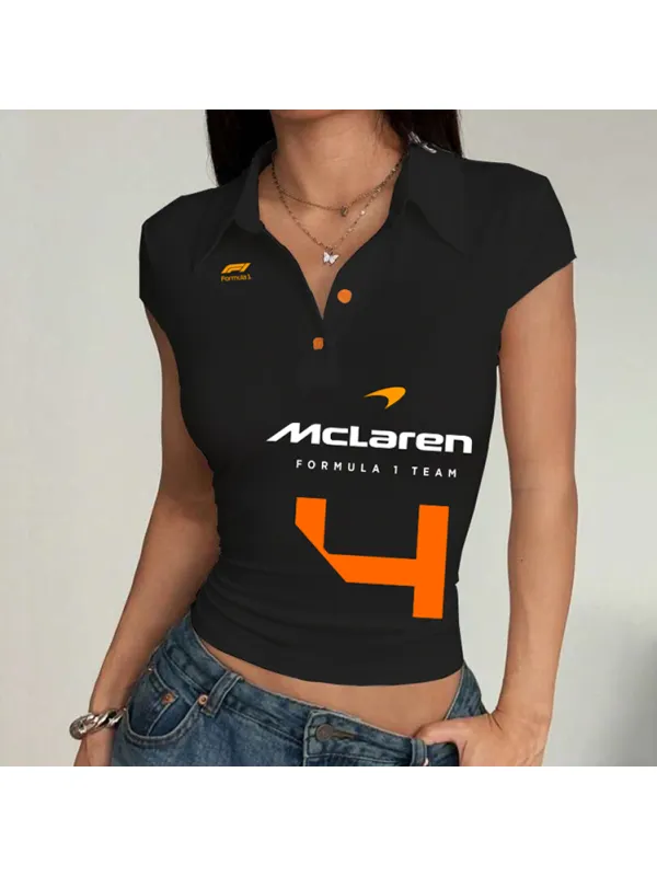 Women's Racing Logo Print Summer Polo Neck Slim Fit Short Sleeve T-Shirt - Aptkoi.com 