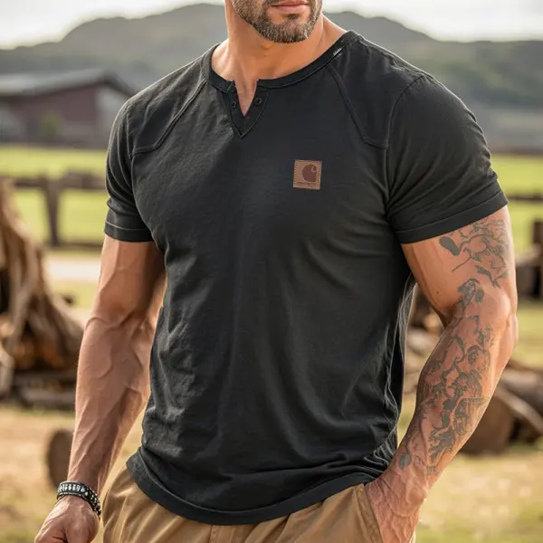 Men's Casual Henley V Neck T-Shirt With Leather Label - Wayrates.chimpone.com 