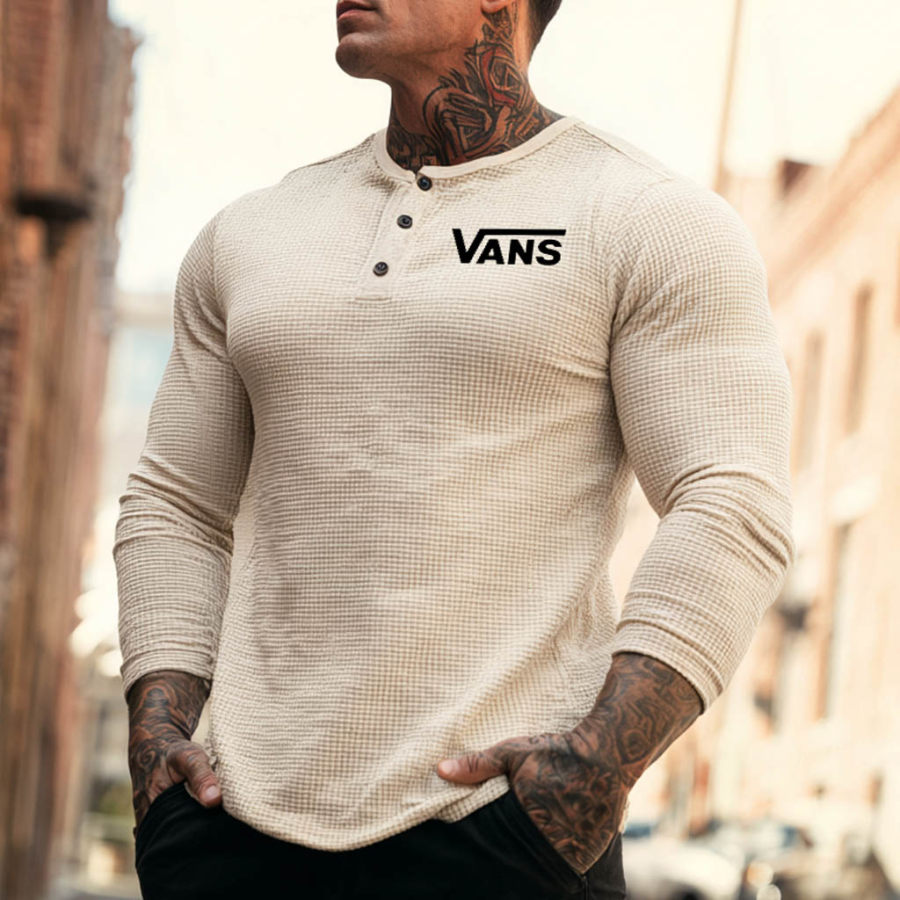 

Vans Men's Vintage Outdoor Beige Waffle Knit Off The Wall Print Long Sleeve Henley T-Shirt