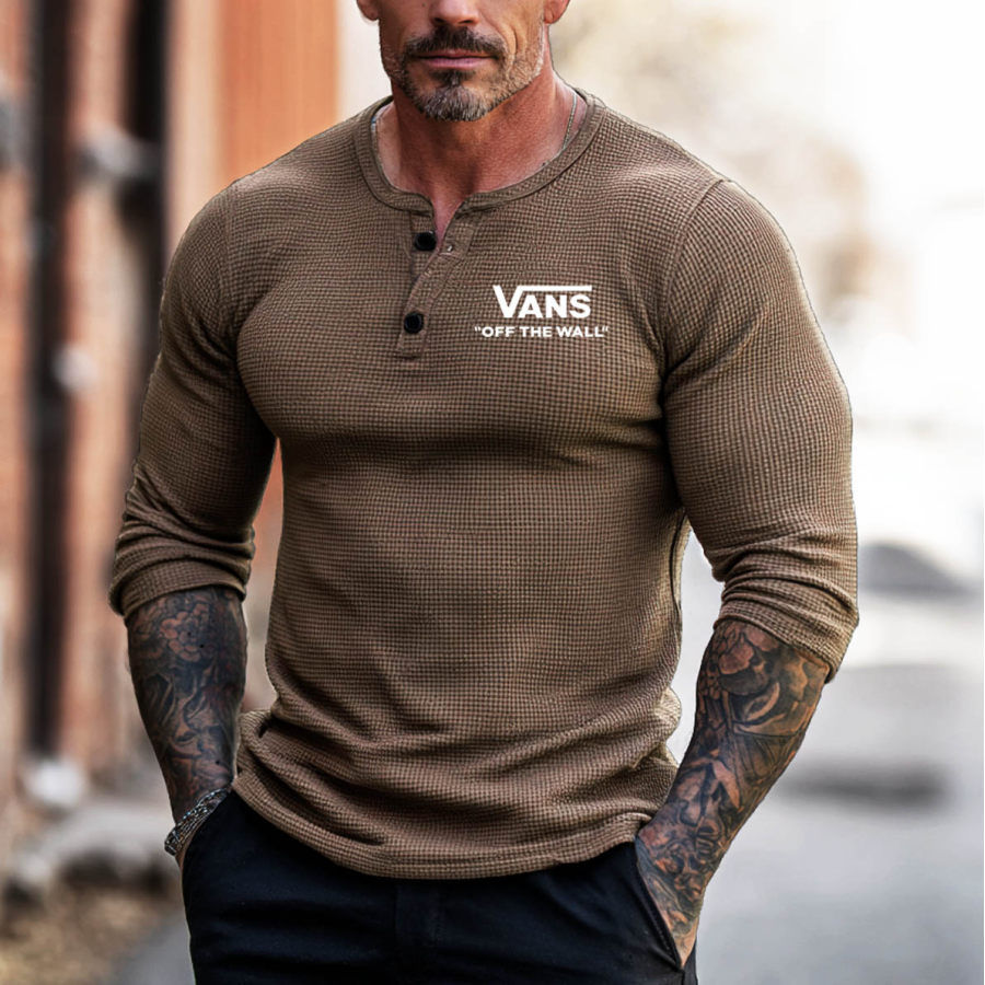 

Vans Men's Vintage Outdoor Brown Waffle Knit Off The Wall Print Long Sleeve Henley T-Shirt