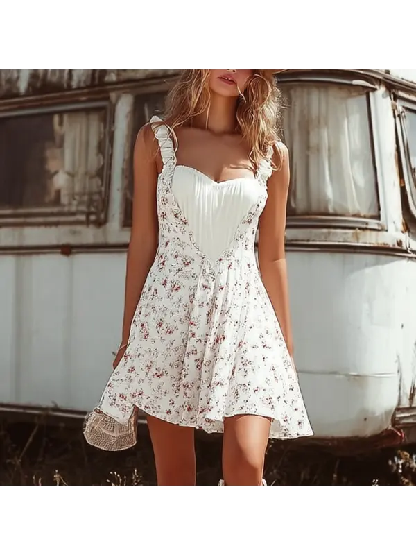 Women's Vintage Charming Floral White Dress With Cowboy Boots - Geocici.com 