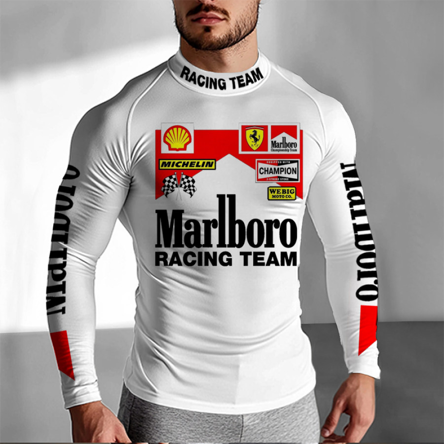 

Unisex White Slim Fit Long Sleeve Casual Racing Print T-Shirt