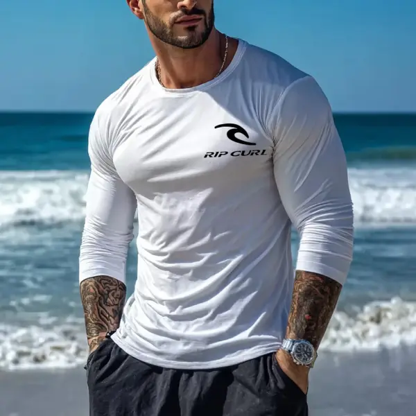 Men's Vintage White Surfing Print Casual Round Neck Long Sleeve T-Shirt - Wayrates.com 