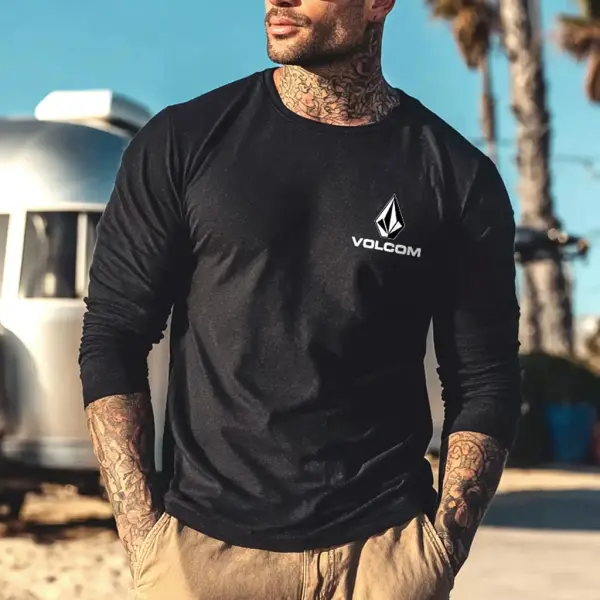Men's Vintage Diamond Surfing Print Casual Round Neck Long Sleeve T-Shirt - Wayrates.com 