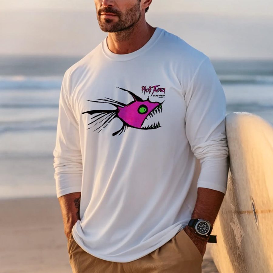 

Men's Vintage Fish Surfing Print Casual Round Neck Long Sleeve T-Shirt