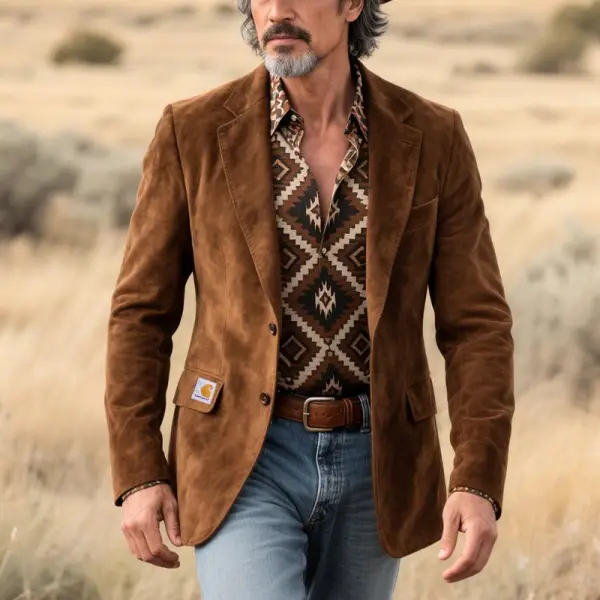 Men's Vintage Western Brown Suede Lapel Jacket - Wayrates.com 