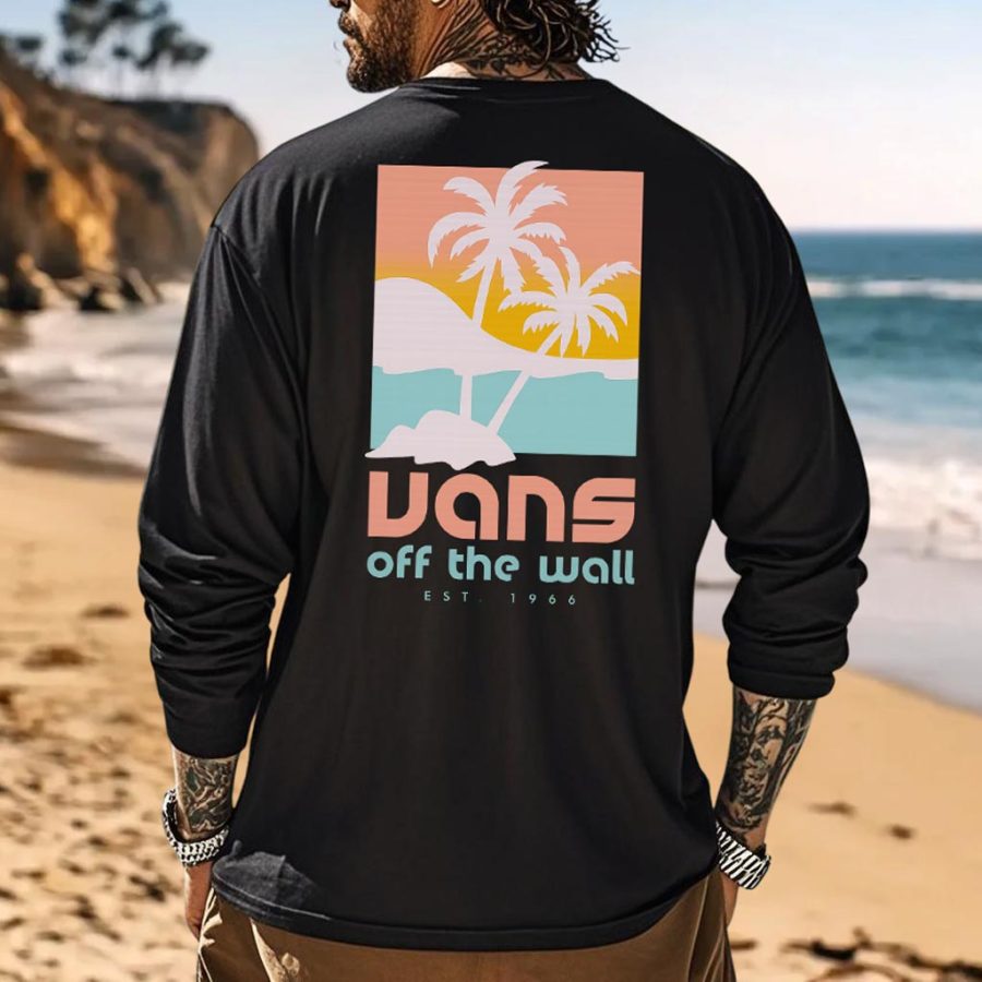 

Men's Vintage Palm Tree Surfing Print Casual Round Neck Long Sleeve T-Shirt