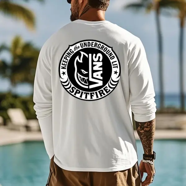 Men's Vintage Fire Surfing Print Casual Round Neck Long Sleeve T-Shirt - Wayrates.com 