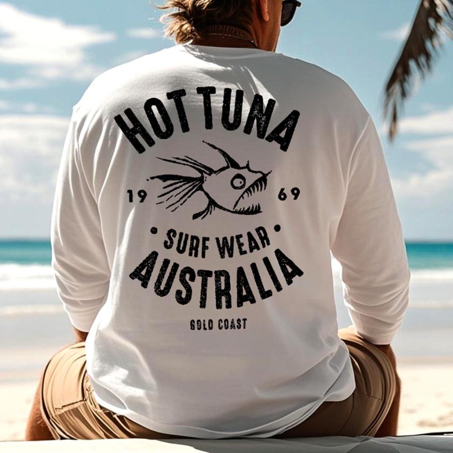 

Men's Vintage Fish Surfing Print Casual Round Neck Long Sleeve T-Shirt