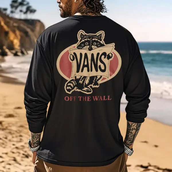 Men's Vintage Raccoon Sign Surfing Print Casual Round Neck Long Sleeve T-Shirt - Wayrates.com 
