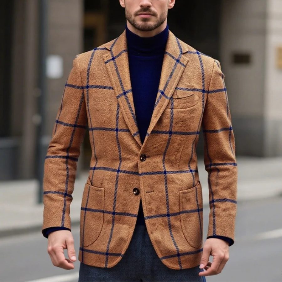 

Men's Vintage Woolen Brown Plaid Navy Trim Lapel Blazer Jacket