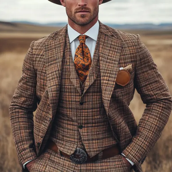 Men's Vintage Wool Brown Plaid Lapel Suit Jacket - Wayrates.com 