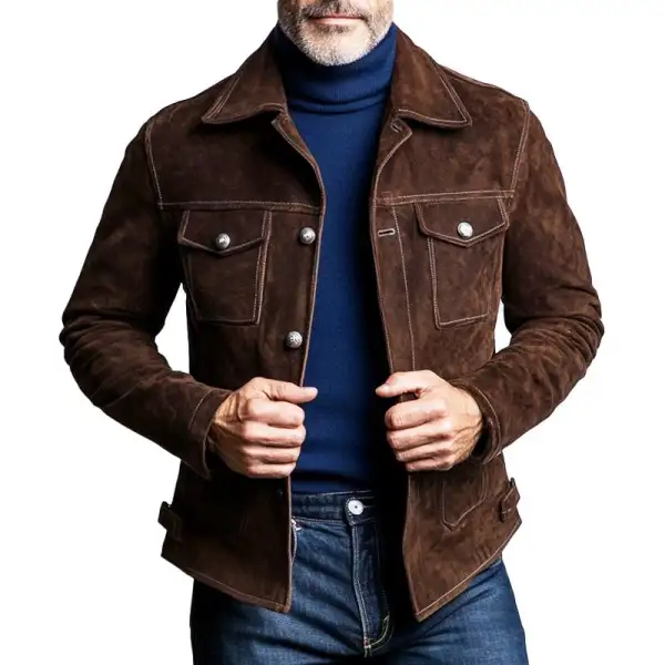 Men's Vintage Brown Suede Pocket Lapel Jacket - Wayrates.com 