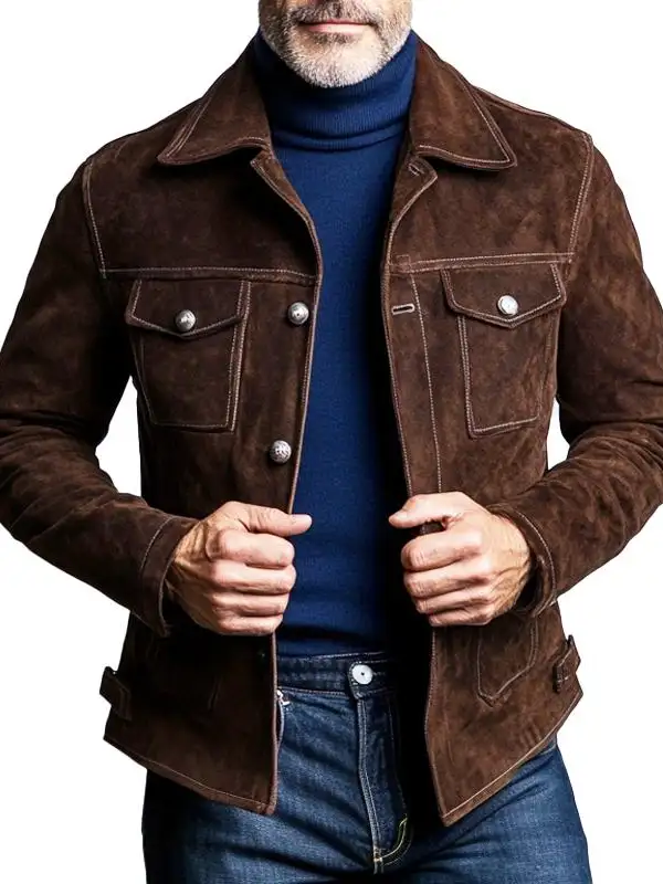 Men's Vintage Brown Suede Pocket Lapel Jacket - Simplyion.com 