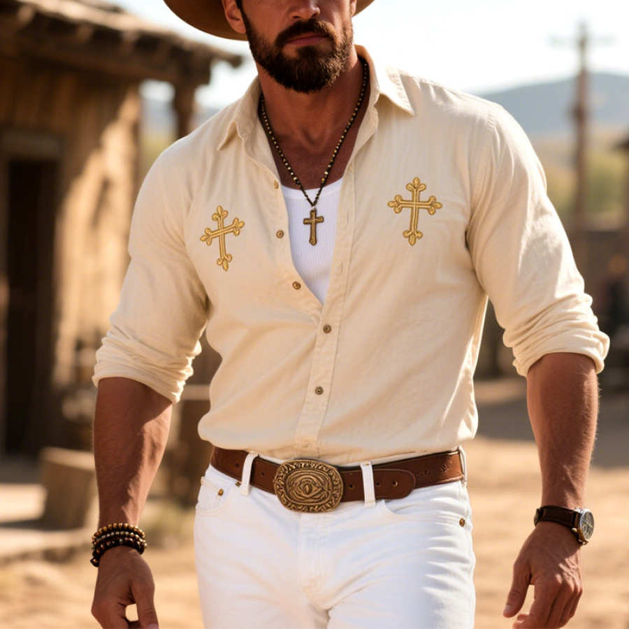 

Men's Vintage Western Cowboy Cross Embroidered Long Sleeve Lapel Shirt