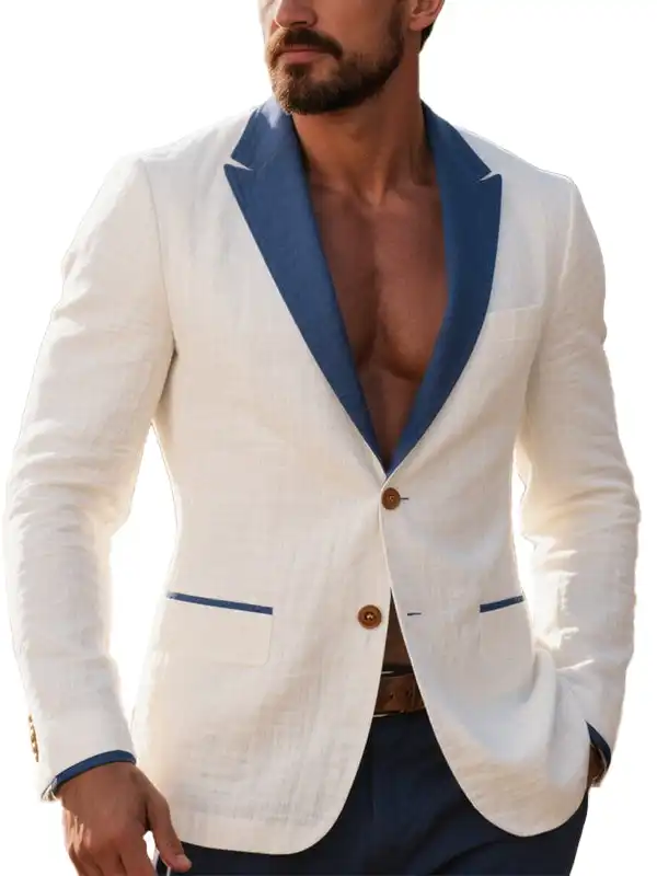 Men's Vintage Cotton And Linen Business Pocket Blue Lapel Blazer Jacket - Wantbright.com 