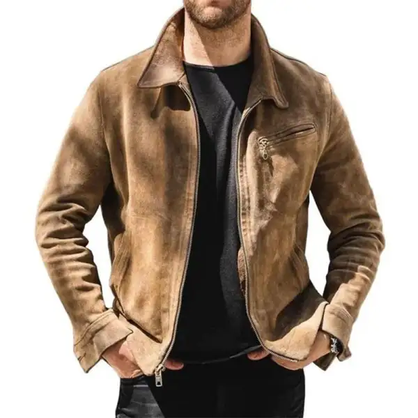 Men's Vintage Brown Suede Pocket Zipper Jacket - Wayrates.com 