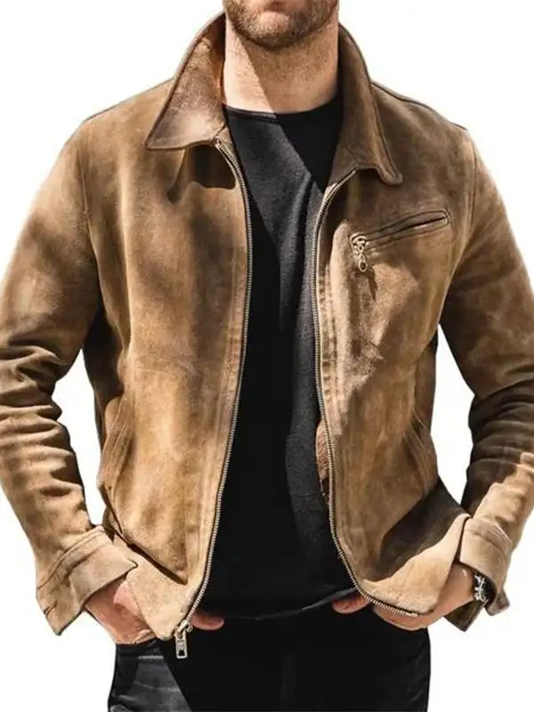 Men's Vintage Brown Suede Pocket Zipper Jacket - Wantbright.com 