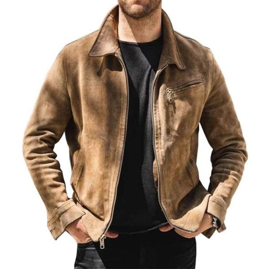 

Men's Vintage Brown Suede Pocket Zipper Jacket