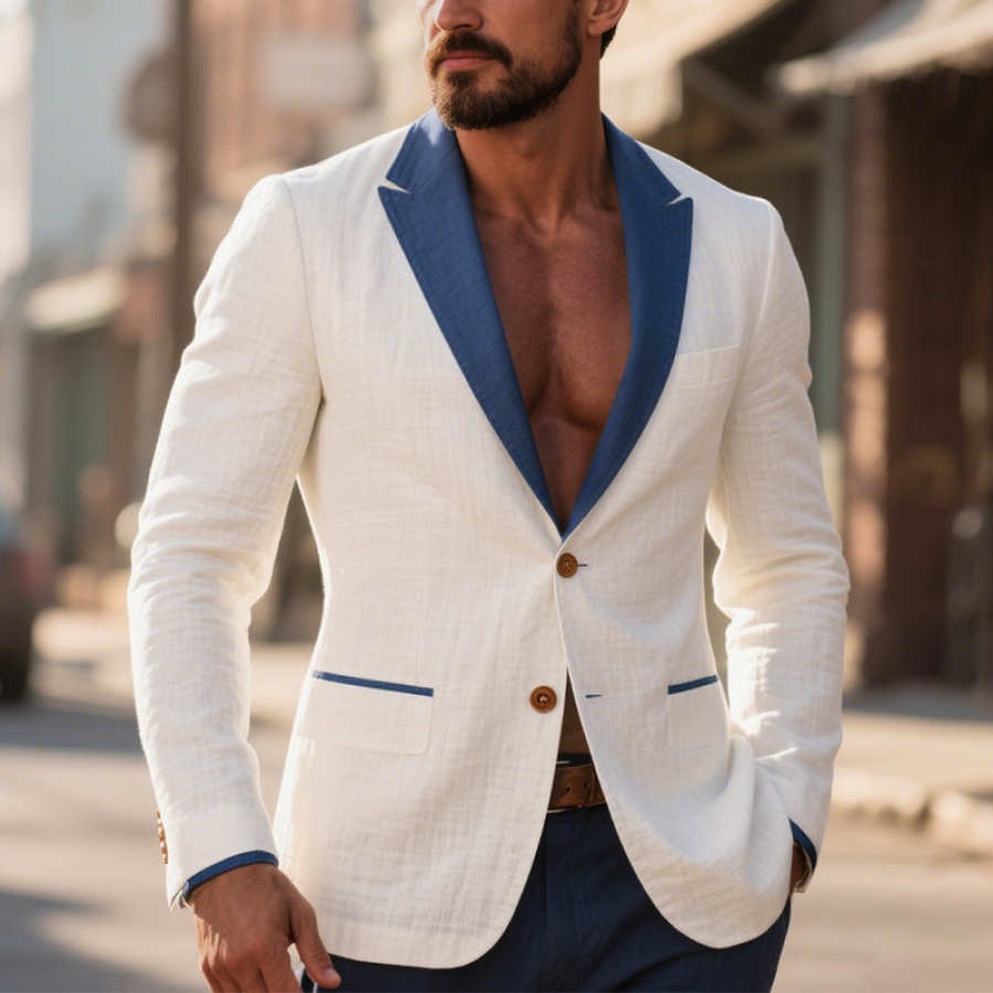 

Men's Vintage Cotton And Linen Business Pocket Blue Lapel Blazer Jacket