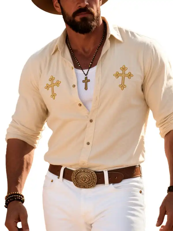 Men's Vintage Western Cowboy Cross Embroidered Long Sleeve Lapel Shirt - Wantbright.com 