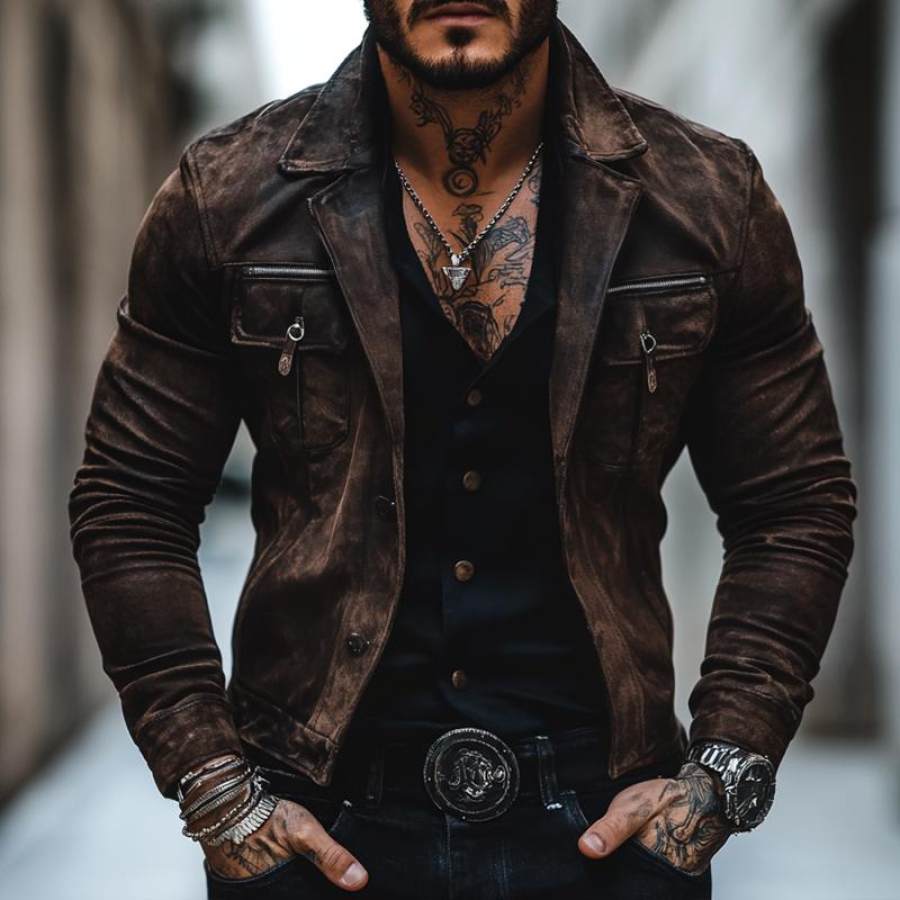 

Men's Vintage Brown Suede Zipper Pocket Lapel Jacket
