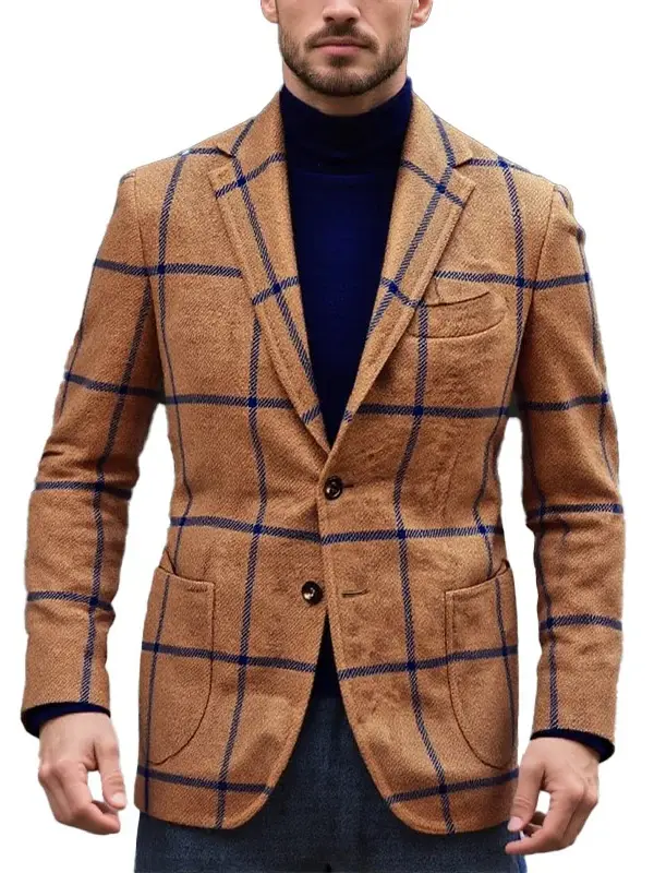 Men's Vintage Woolen Brown Plaid Navy Trim Lapel Blazer Jacket - Wantbright.com 