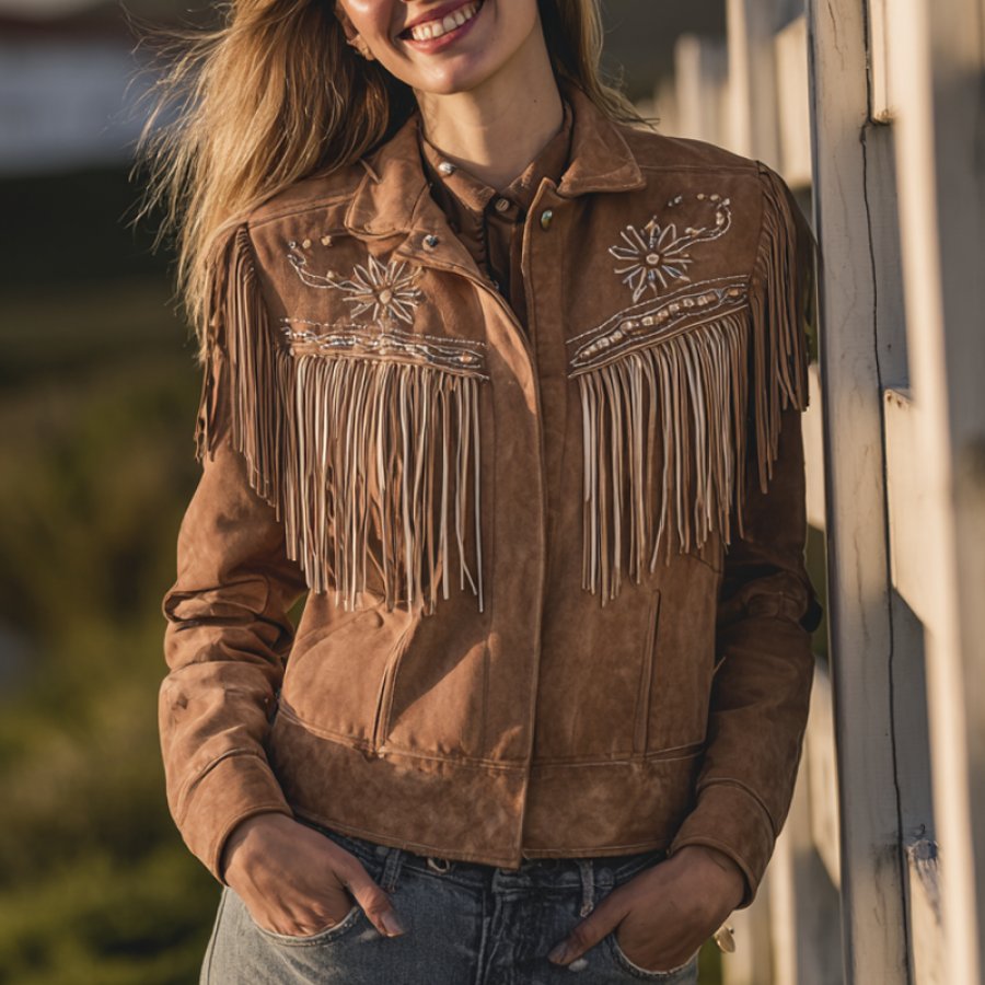 Western Suede Safari Fringe Jacket With Embroidered Details For Women