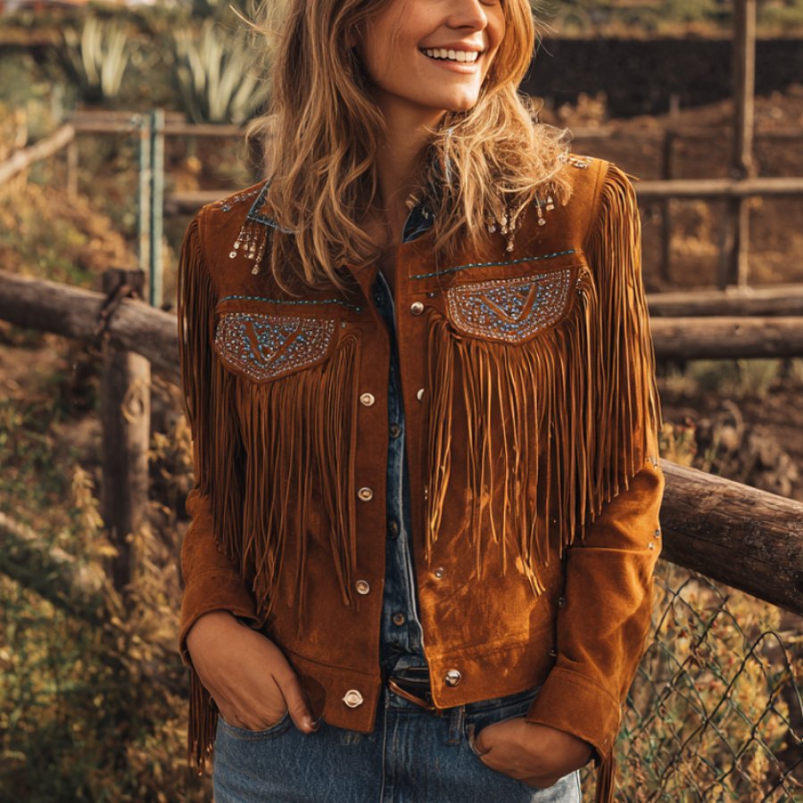 

Boho Fringe Embellished Jacket With Beaded Pockets - Perfect For Festivals And Casual Outings