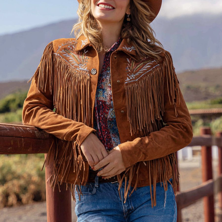 

Western Suede Safari Fringe Jacket With Embroidered Details For Women