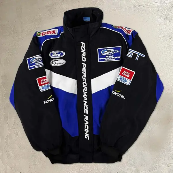 Men's Vintage Racing Car Print Stand Collar Jacket - Wayrates.com 