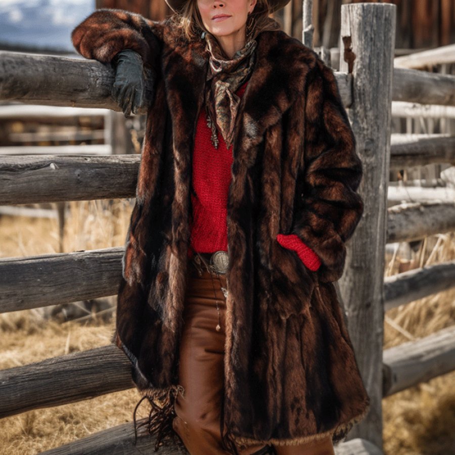 

Luxurious Faux Fur Coat With Stylish Scarf Detail For Winter Elegance