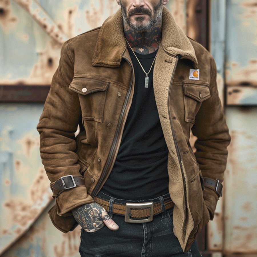

Stylish Winter Suede Jacket With Warm Fleece Collar Adding Velvet And Thickening