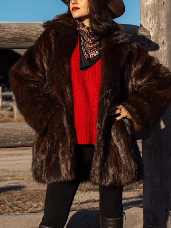 Luxurious Faux Fur Coat With Bold Red Sweater Ensemble - Menbarn.com 