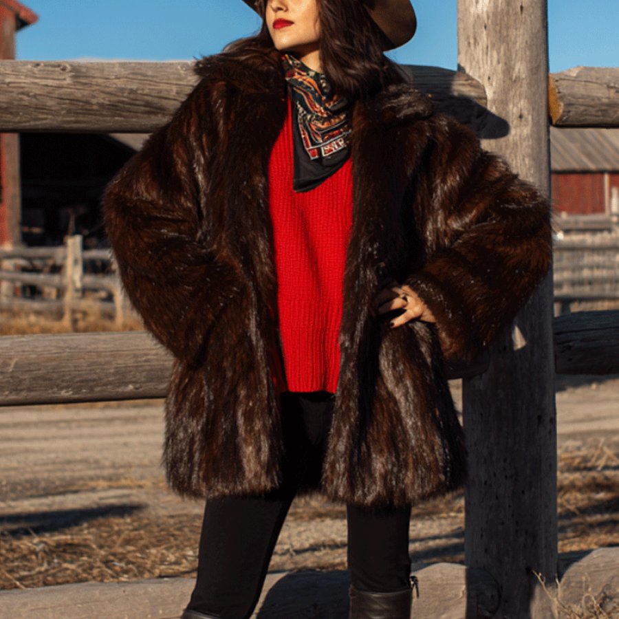

Luxurious Faux Fur Coat With Bold Red Sweater Ensemble