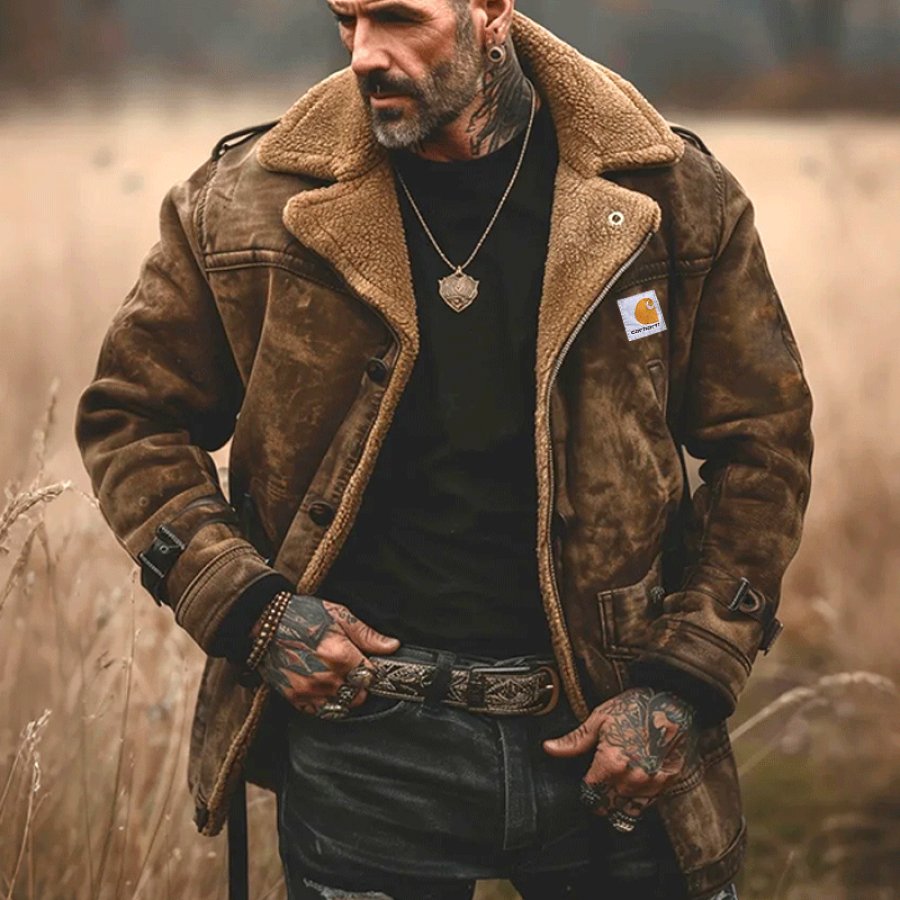 

Stylish Winter Distressed Suede Jacket With Warm Fleece Collar Warm Adding Velvet And Thickening